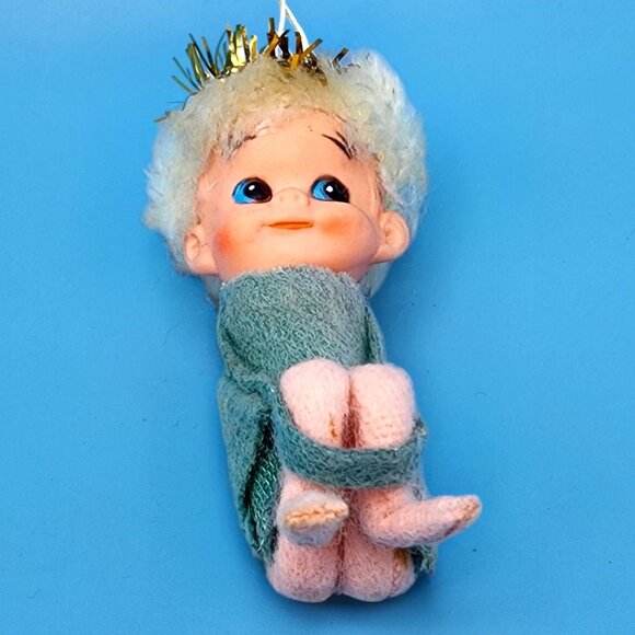 Vintage 1950s Napco Pixie Angel Elf Hugger Ornament Japan Green Felt Gold Halo - Picture 9 of 10